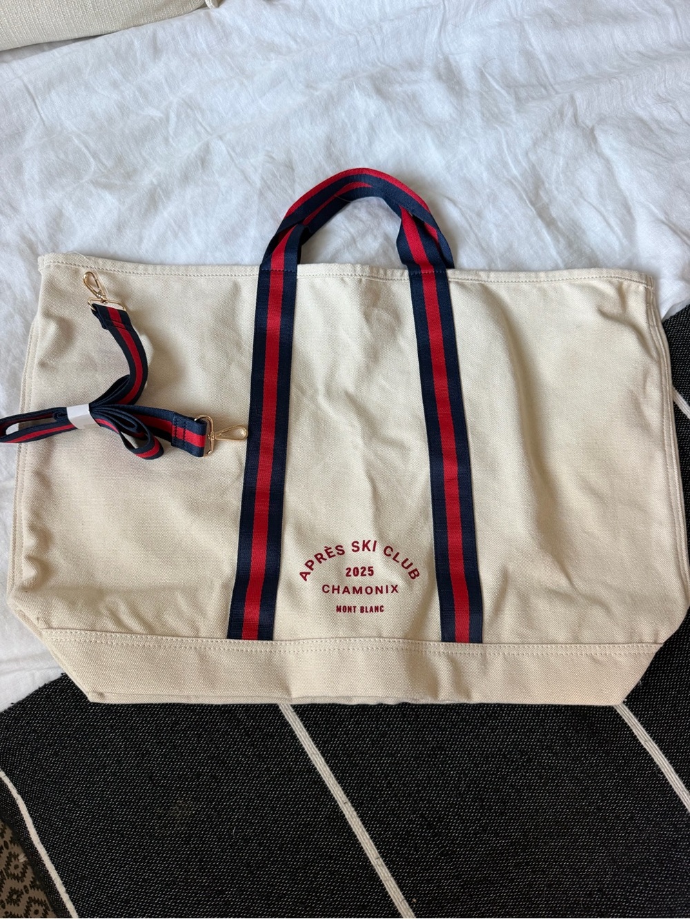 Anthropologie Large Cream Canvas Tote with Red & Navy Straps. Apres Ski Club